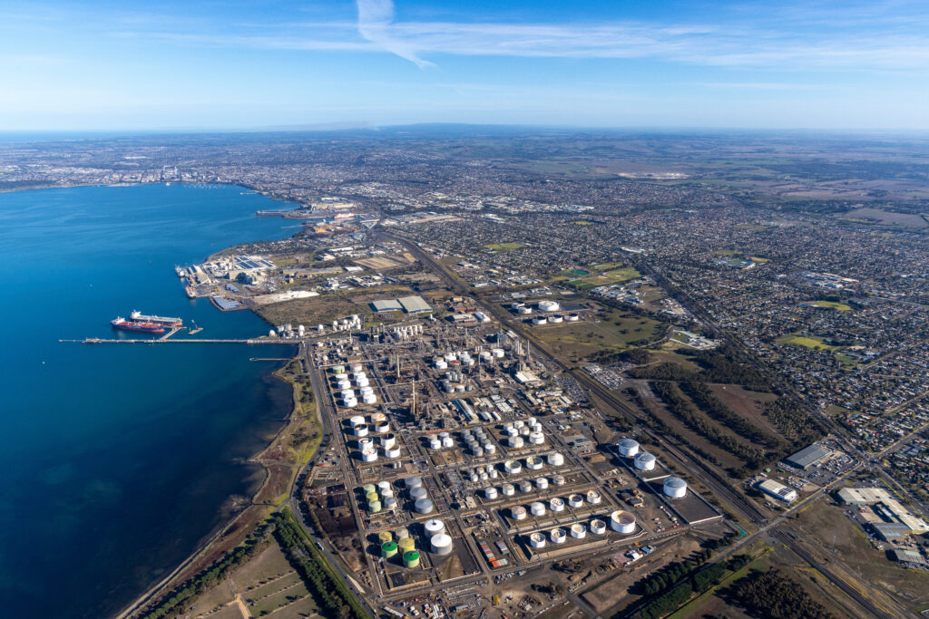 Geelong Energy Hub aerial view, oil refinery and LNG gas terminal, Corio Bay, Victoria